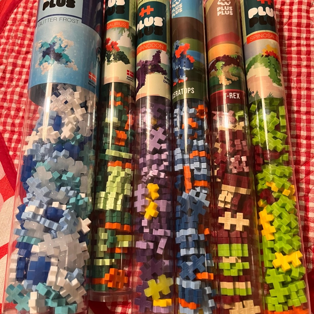 Plus Plus Mini Puzzle Blocks, 5 Dinosaur play set bundle and Glitter Frost. New